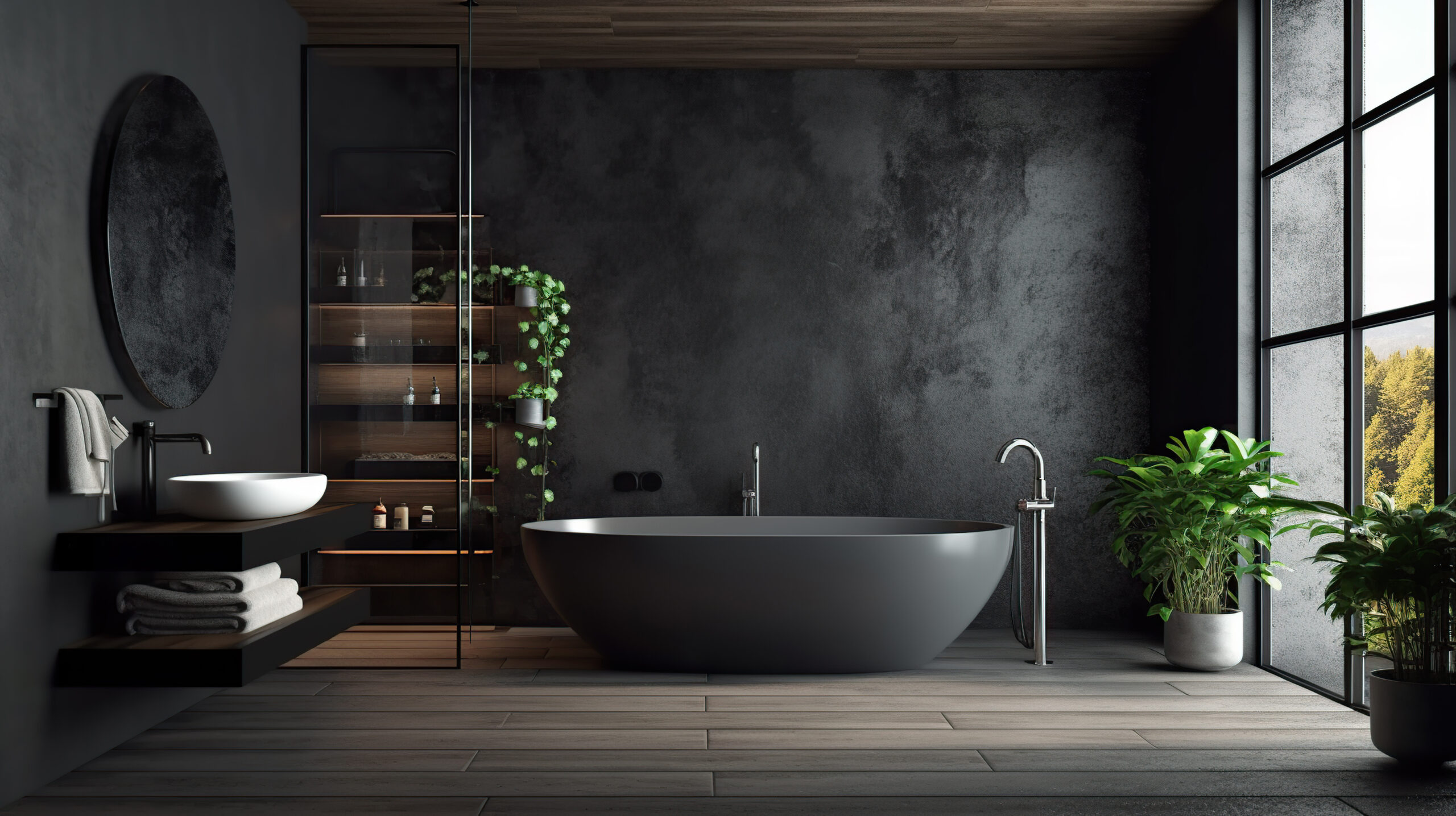 bathroom interior design with matte black bath Generative AI